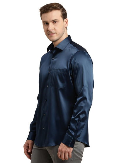 Turtle Men Poly Satin Blue Solid Slim Fit Full Sleeve Ceremonial Shirt