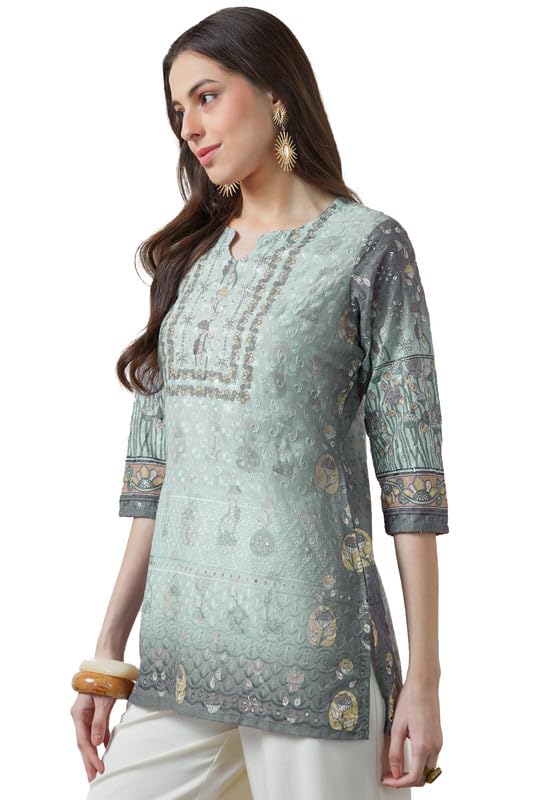 Soch Womens Powder Blue Cotton Blend Floral Embroidered Tunic with Schiffli