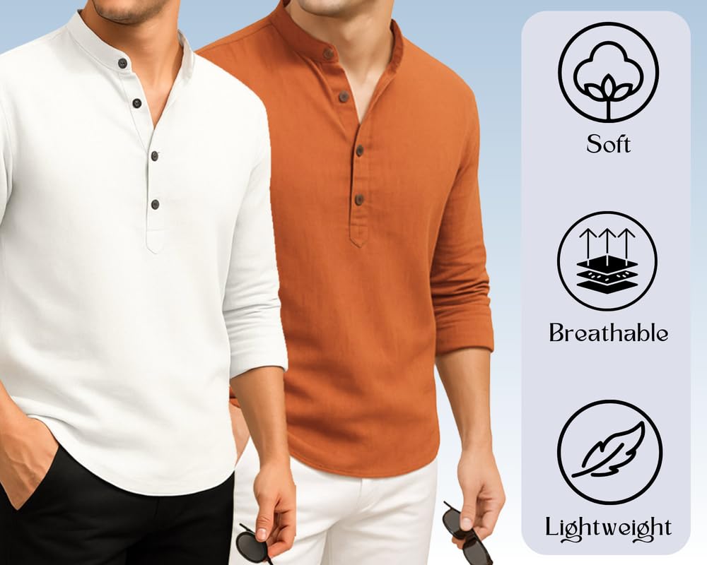 Deelmo Combo Of MenS Cotton Blend Solid Regular Fit Full Sleeve Short Kurta | MenS Trendy Short Kurta Pack Of 2 White - Orange