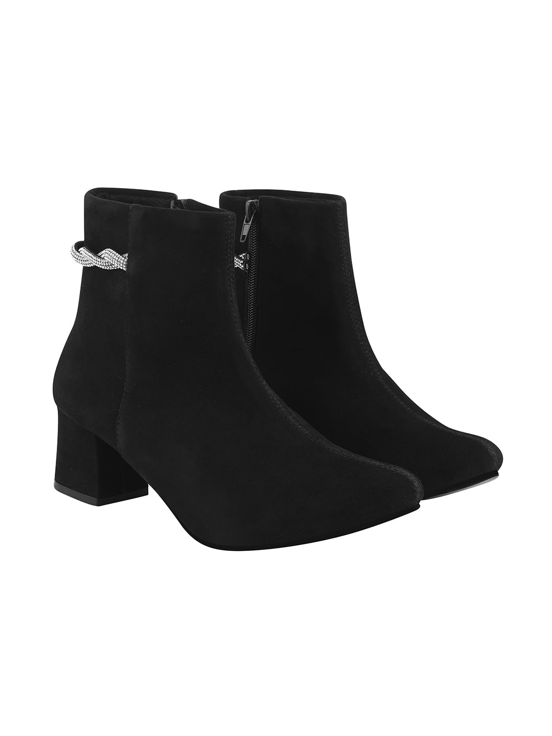 Shoetopia WomenS Black Suede Ankle Boots With Block Heel And Rhinestone Knot Detail||Side Zip Fashion Booties For Fall & Winter