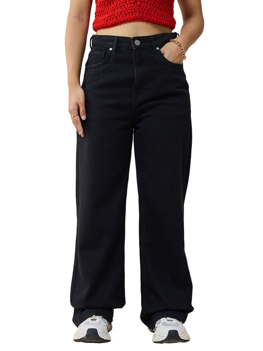 Bewakoof Womens Solid Straight Fit Cotton Baggy Jeans_625162_Black_28
