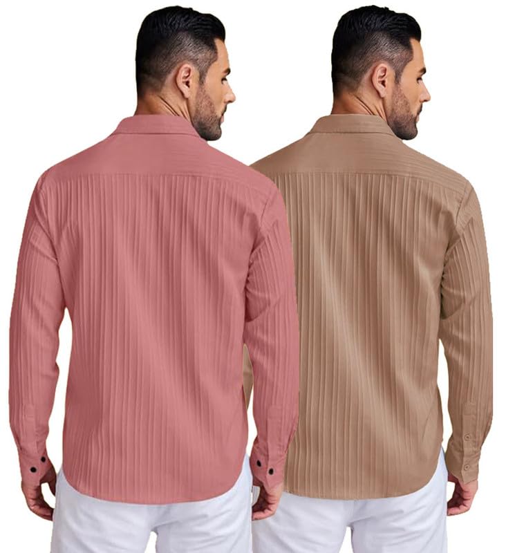 Deelmo Combo Of MenS Casual Button Down Shirts Long Sleeve Linen Shirt Fashion Textured Summer Shirts Pack Of 2
