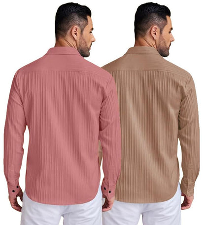 Deelmo Combo Of MenS Casual Button Down Shirts Long Sleeve Linen Shirt Fashion Textured Summer Shirts Pack Of 2