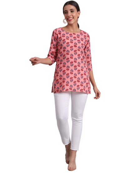Patlani WomenS Cotton Printed Short Fullstitched Kurti/Kurtas. Pink