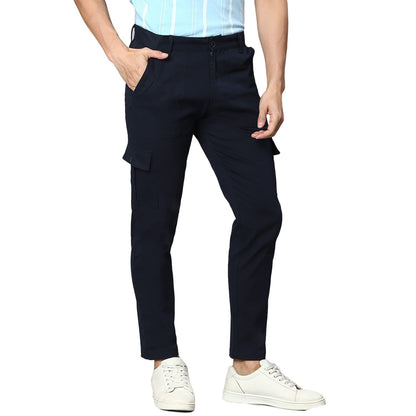 Hubberholme MenS Regular Fit Cotton Trousers With Patch Pockets, Ankle Length Button Closure Cargo Chinos Navy