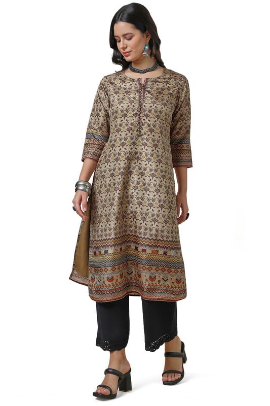 Soch Womens Beige Ethnic Motifs Silk Blend Kurta with Tassels