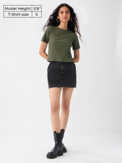 The Souled Store Ribbed T-Shirt: Olive Women and Girls Short Sleeves Round Neck Polyester Blend Regular Fit T-Shirts
