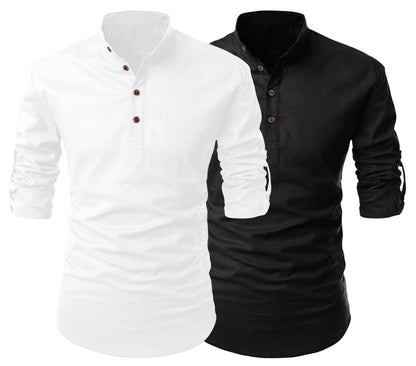 Finivo Fashion Combo Of MenS Cotton Blend Solid Full Sleeve Short Kurta White - Black