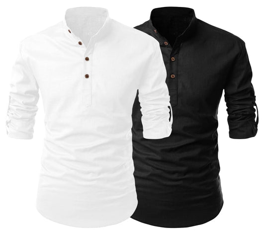 Finivo Fashion Combo Of MenS Cotton Blend Solid Full Sleeve Short Kurta White - Black