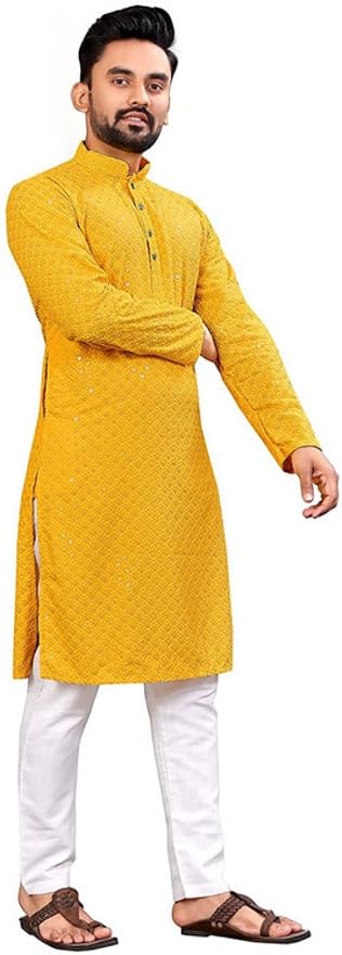 LookMark Present Mens Pure Rayon Chikankari Sequins Kurta||Mens Chikankari Yellow Coloured Kurta|| AZ-LM-OG-Kurta 11 Yellow-L