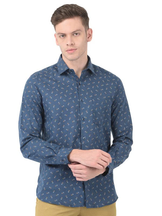 Turtle Men Cotton Linen Dark Blue Slim Fit Printed Shirts