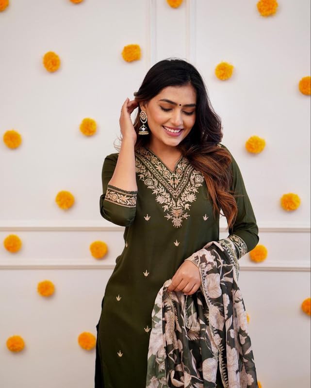 Suppar Sleave WomenS Viscose Rayon Embroidered Straight Kurta With Pant And Dupatta Sets (Minakshi-04)