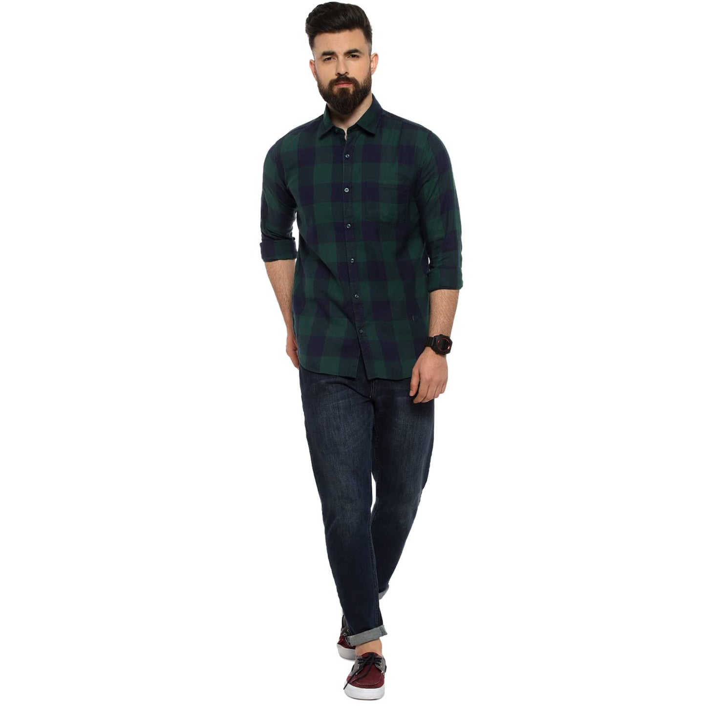 Campus Sutra Mens Regular Fit Full Sleeve Shirt for Casual Wear |Blue|Green|Chequered|Front Spread Collar|Shirt Crafted with Co