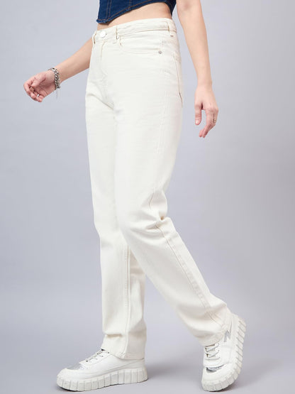 Style Quotient Women Relaxed Fit High Rise Cotton Jeans Off White