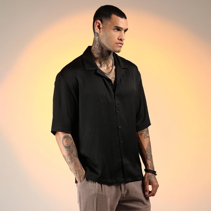 Campus Sutra Mens Onyx Black Solid Crinkle Oversized Shirt for Casual Wear | Cuban Collar | Short Sleeve | Button Closure | Ove