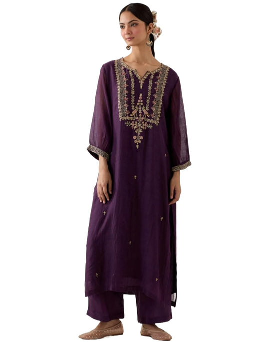 ANNI DESIGNER Womens Rayon Blend Straight Embroidered Kurta with Palazzo (Mulani Violet_XXL_Violet_XX-Large)