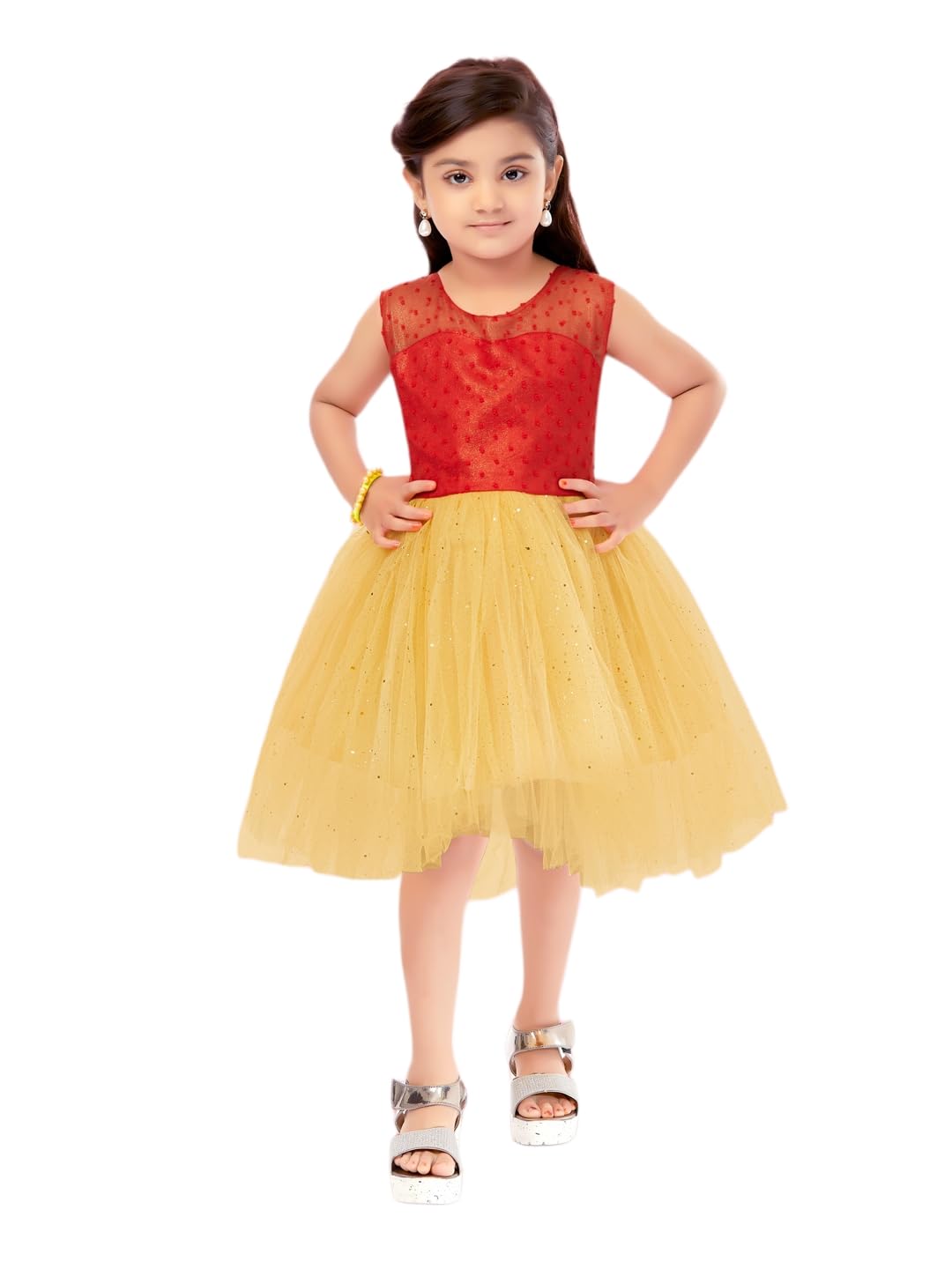Aarika Girl's Net Fit and Flare Knee-Length Dress (SP-FK-3005_Red-Fawn