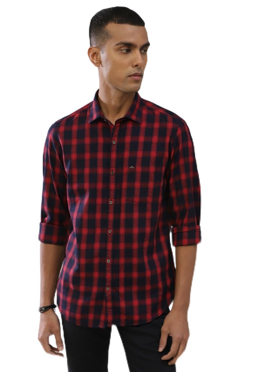 Turtle Men 100% Cotton Indigo Navy & Red Check Slim Fit Casual Shirt