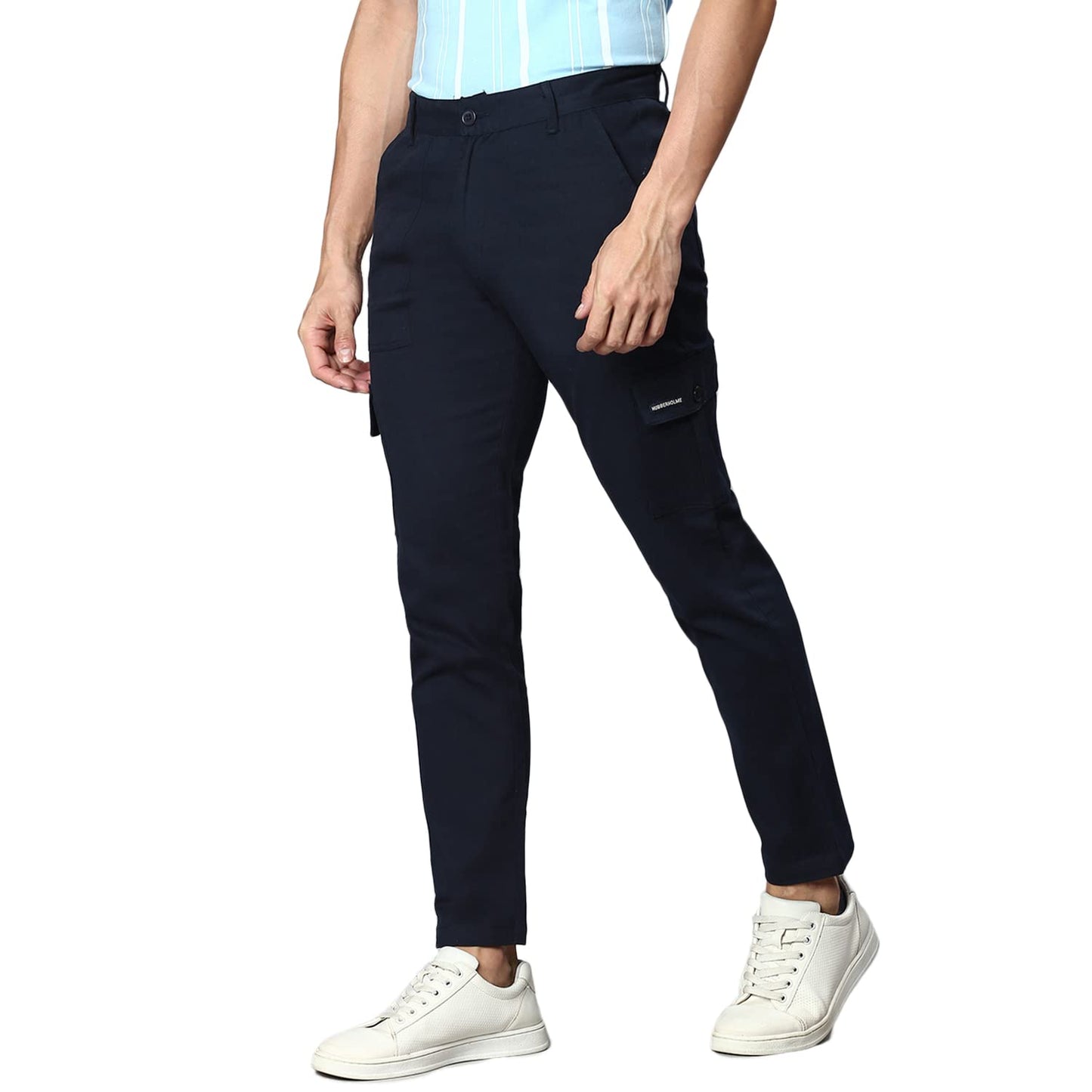 Hubberholme MenS Regular Fit Cotton Trousers With Patch Pockets, Ankle Length Button Closure Cargo Chinos Navy