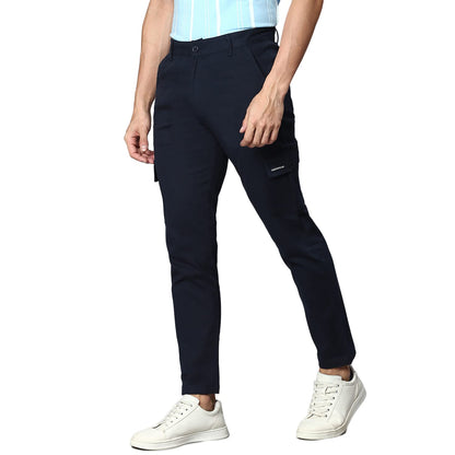Hubberholme MenS Regular Fit Cotton Trousers With Patch Pockets, Ankle Length Button Closure Cargo Chinos Navy