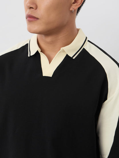 The Souled Store Colourblock Polo: White and Black Men and Boys Short Sleeve Collared Neck Cotton Heavy Gauge Casual Lightweight