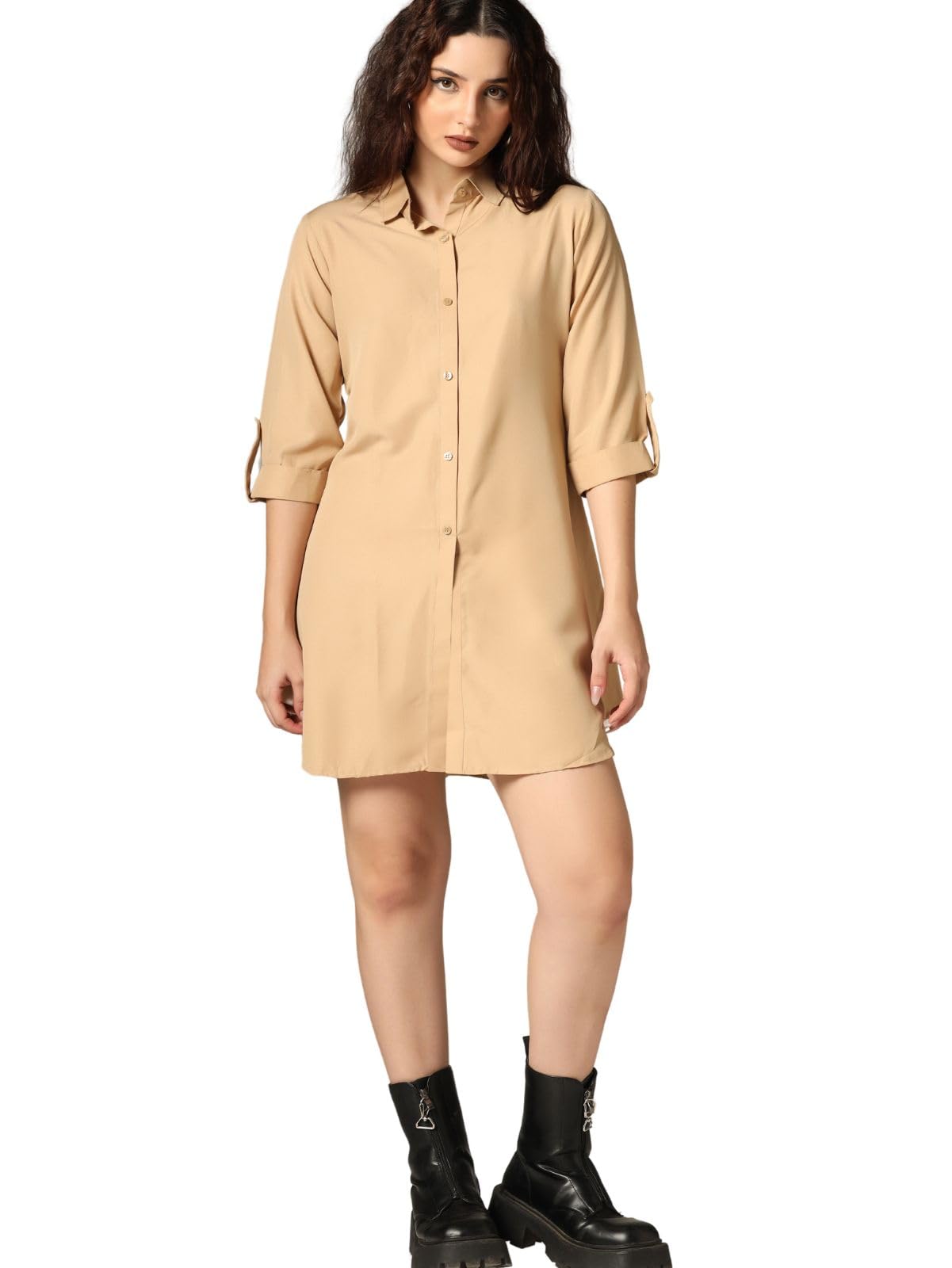 Greciilooks Western Dress For Women| Shirt Collar Solid A-Line Dress| Plus Roll Tab Sleeve Shirt Dress| WomenS Comfort Summer D