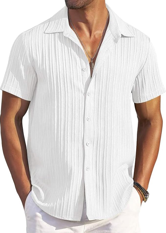 CB-COLEBROOK Mens Casual Button Down Soft Linen Shirts Short Sleeve Textured Summer Beach Shirts for Men (in, Alpha, L, Regular