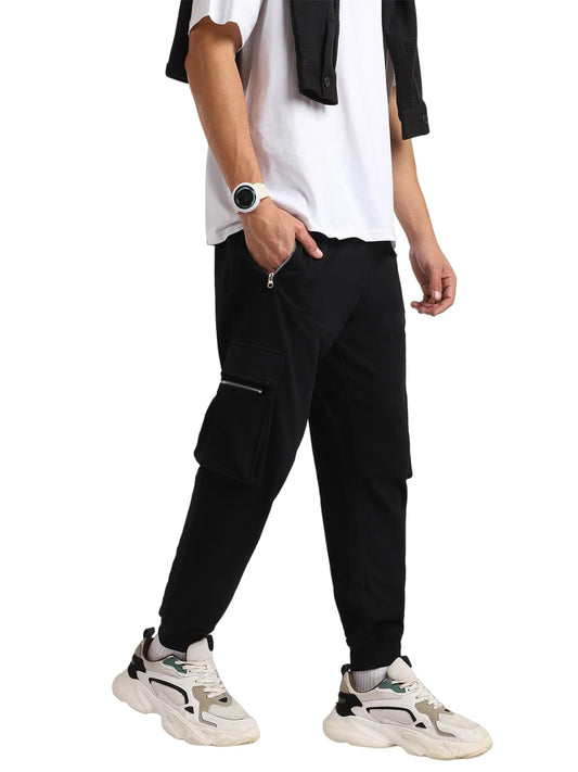 Nobero Future Utility Joggers MenS Solid Black Color Slim Fit Night Sleep Lounge Running Joggers Lower Wear Sweat Bottoms Track
