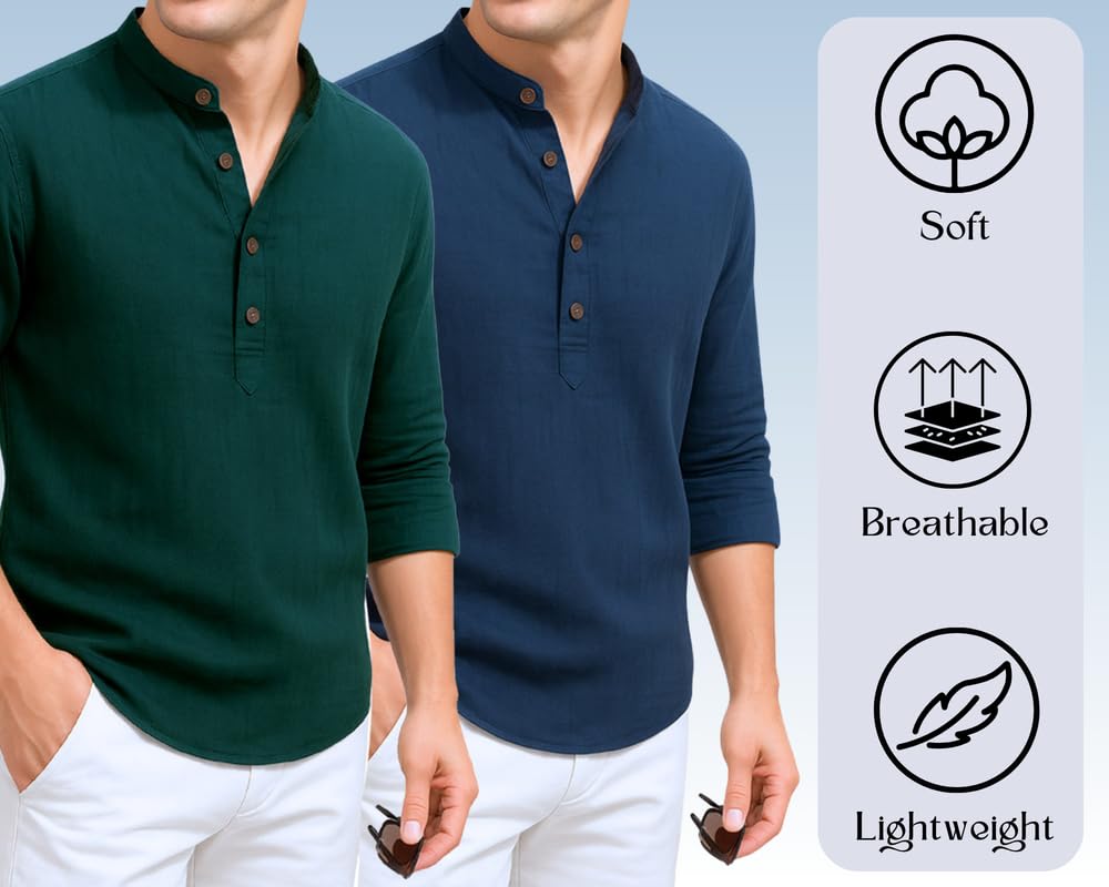 Deemoon Combo Of MenS Cotton Blend Solid Regular Fit Full Sleeve Short Kurta | MenS Trendy Short Kurta Pack Of 2 (Available In
