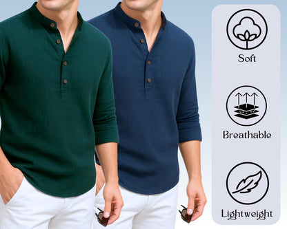 Deemoon Combo Of MenS Cotton Blend Solid Regular Fit Full Sleeve Short Kurta | MenS Trendy Short Kurta Pack Of 2 (Available In