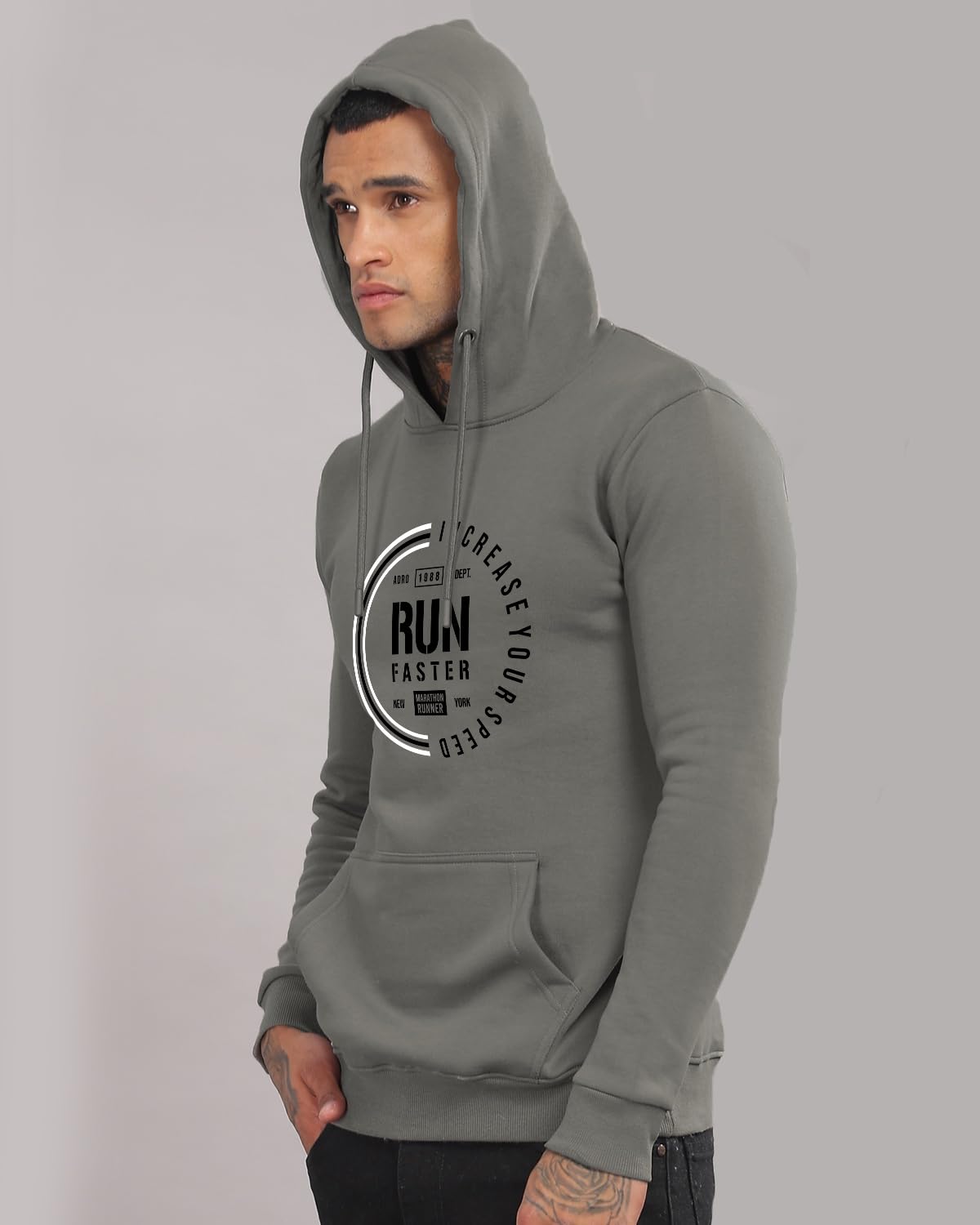 ADRO Men's Cotton Neck Hooded Sweatshirt (H24-FAST-SG_Steel Grey