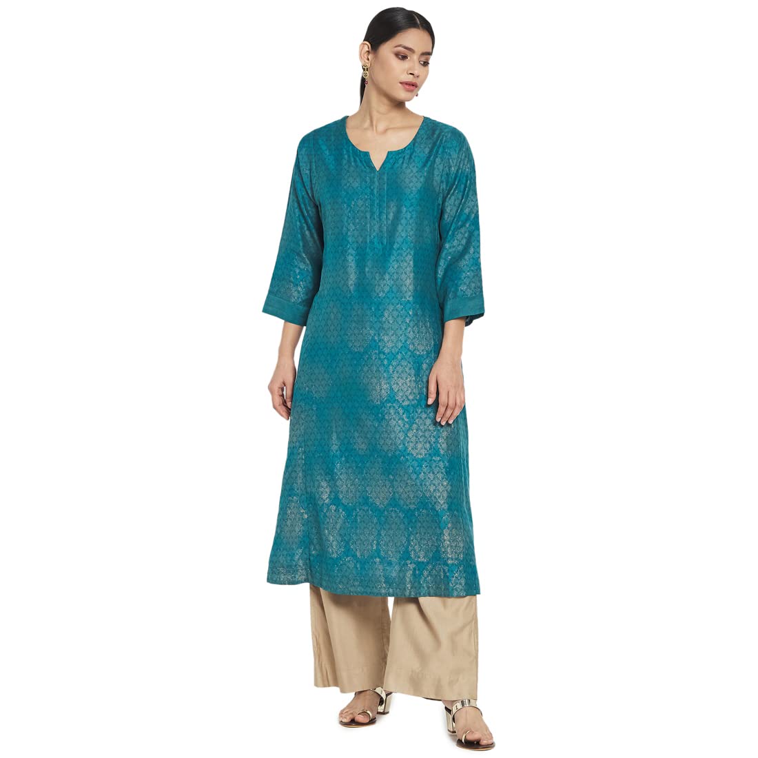 Fabindia Women Cotton Silk Hand Block Print Long Kurta Teal_L