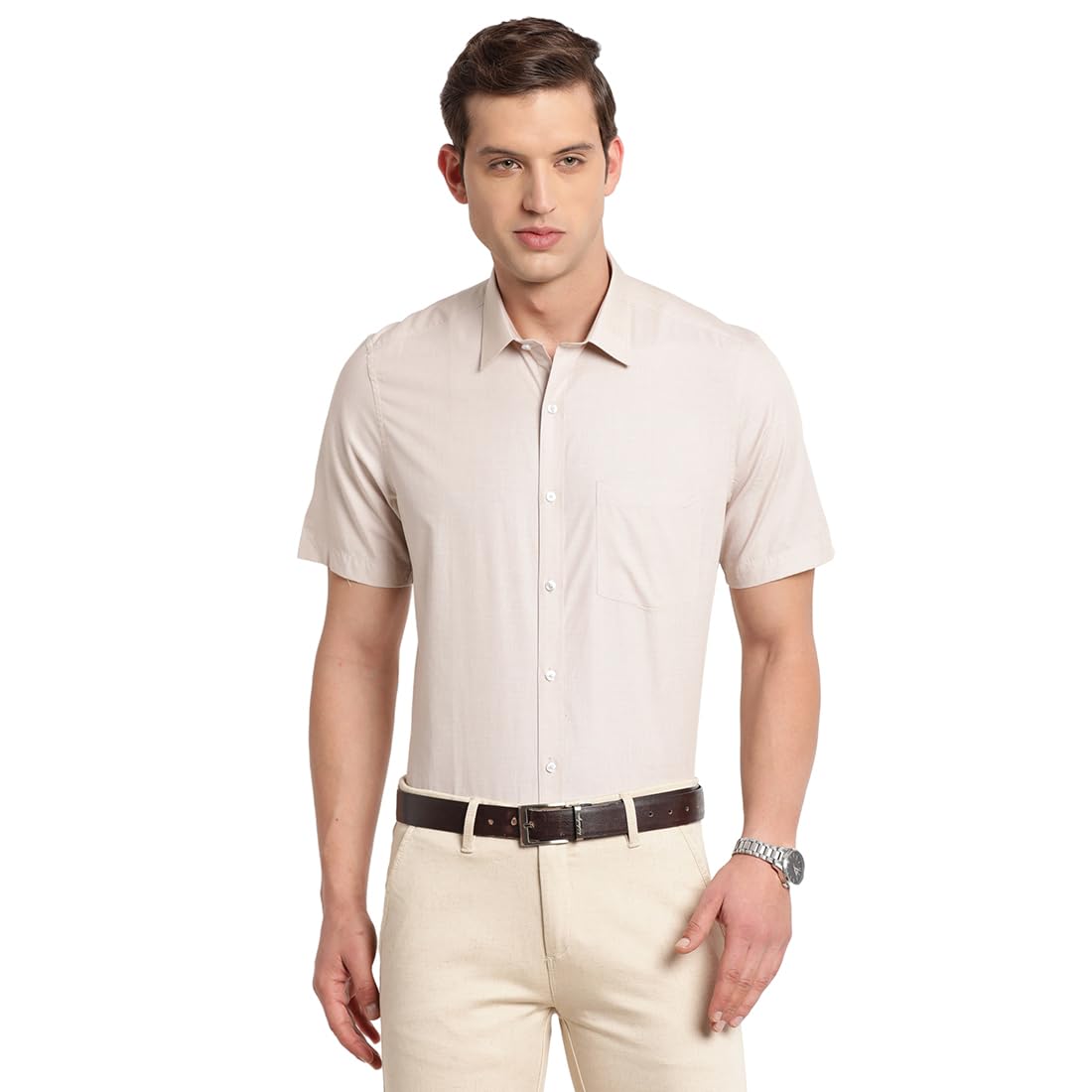 Turtle Men 100% Cotton Solid Slim Fit Beige Formal Shirt