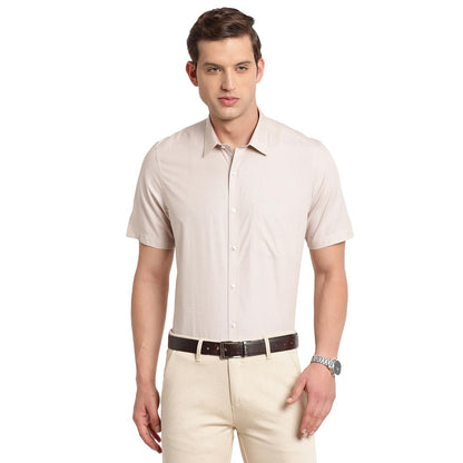 Turtle Men 100% Cotton Solid Slim Fit Beige Formal Shirt