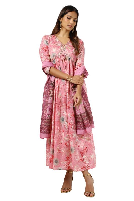 Soch Womens Blush Pink Cotton Floral Print Kurta with Mirror and Cutdana