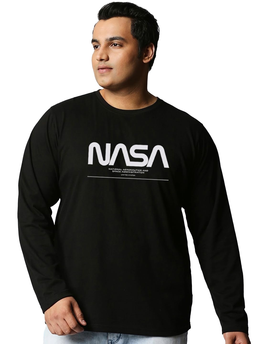 Bewakoof Official NASA Merchandise Mens Typography Regular Fit Full Sleeve Round Neck Cotton Plus Size T-Shirt_480005_Black_3XL