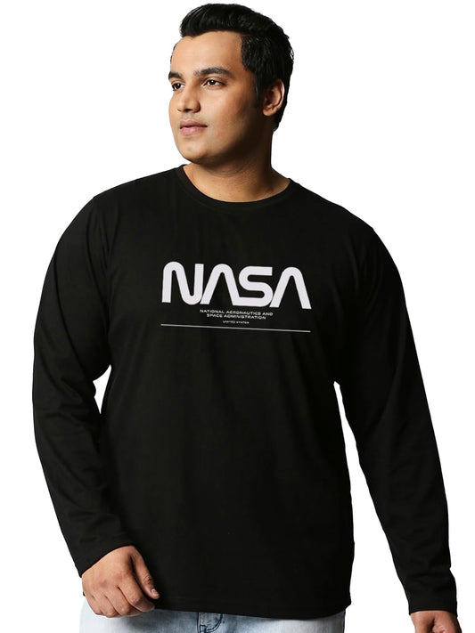 Bewakoof Official NASA Merchandise Mens Typography Regular Fit Full Sleeve Round Neck Cotton Plus Size T-Shirt_480005_Black_3XL