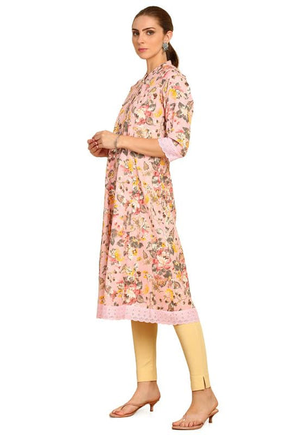 Soch Womens Pink Floral Printed Cotton Flex Mandarin Collar Kurta With Lace