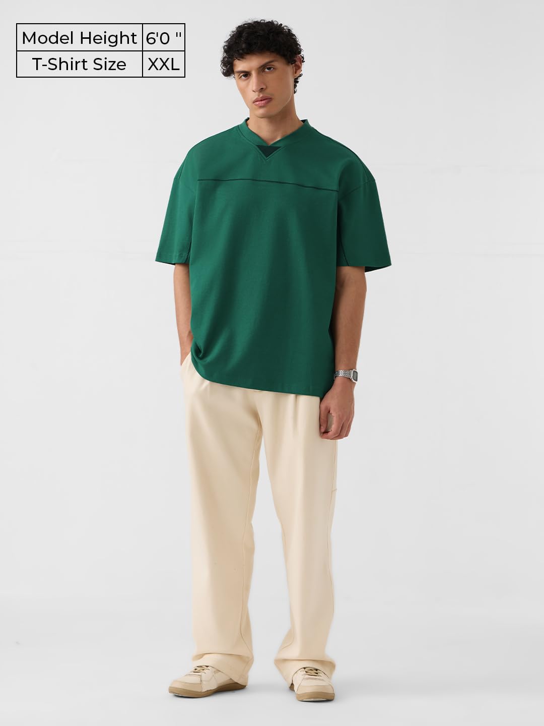 The Souled Store Originals: Varsity Men and Boys Short Sleeves V Neck Emerald Solid Cotton Oversized T-Shirts