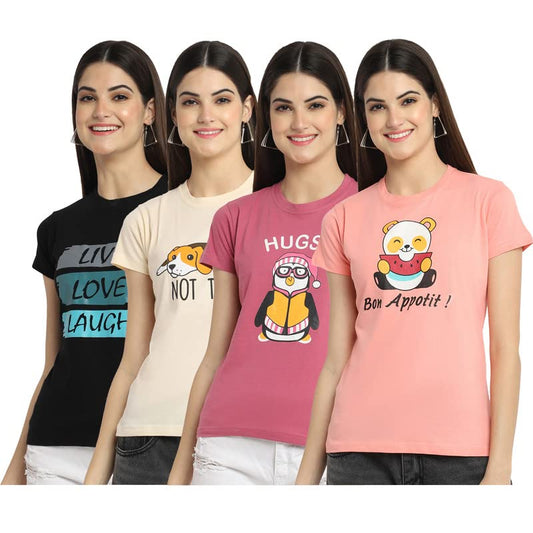 Preneum Womens Cotton Regular Fit Latest Graphic Stylish Printed Short Sleeves Casual T-Shirt (Pack 4), Black & Cream & Pink &