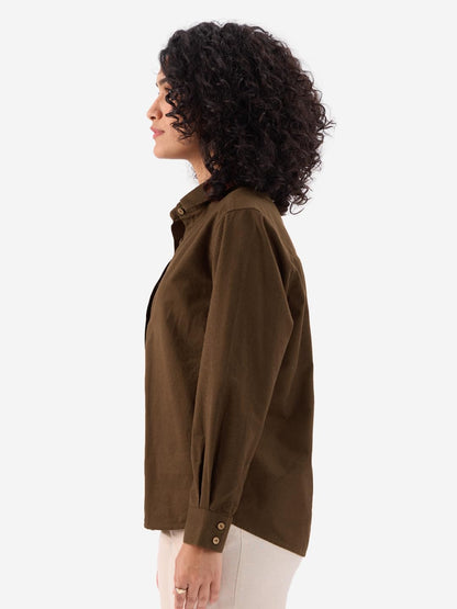 The Souled Store Cotton Linen: Chestnut Women and Girls Long Sleeves Collared Neck Button Front Regular Fit Shirts