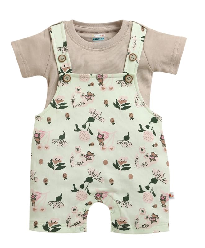 BUMZEE Baby Girls Cotton Round Neck Half Sleeves Floral Print Dungaree Set With Inner Tee Off White & Blue - 9-12 Months (Peb112