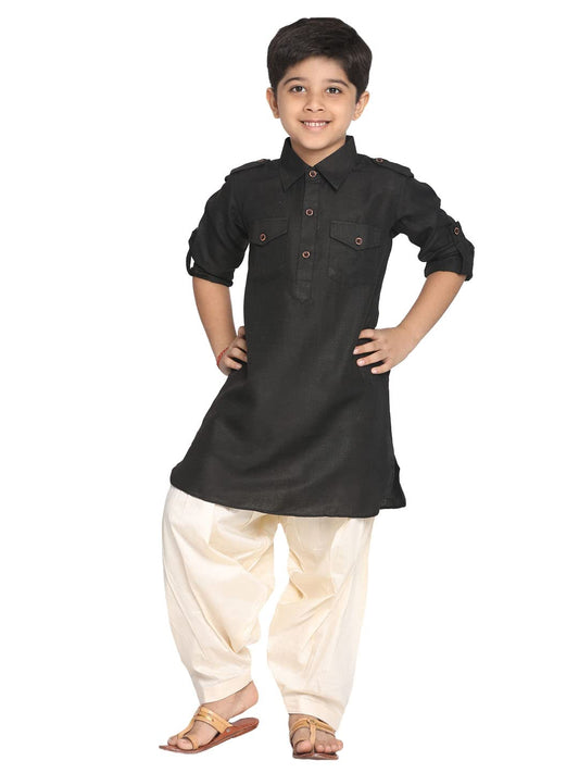 Jbn Creation Boys Black Cotton Blend Pathani Suit Set
