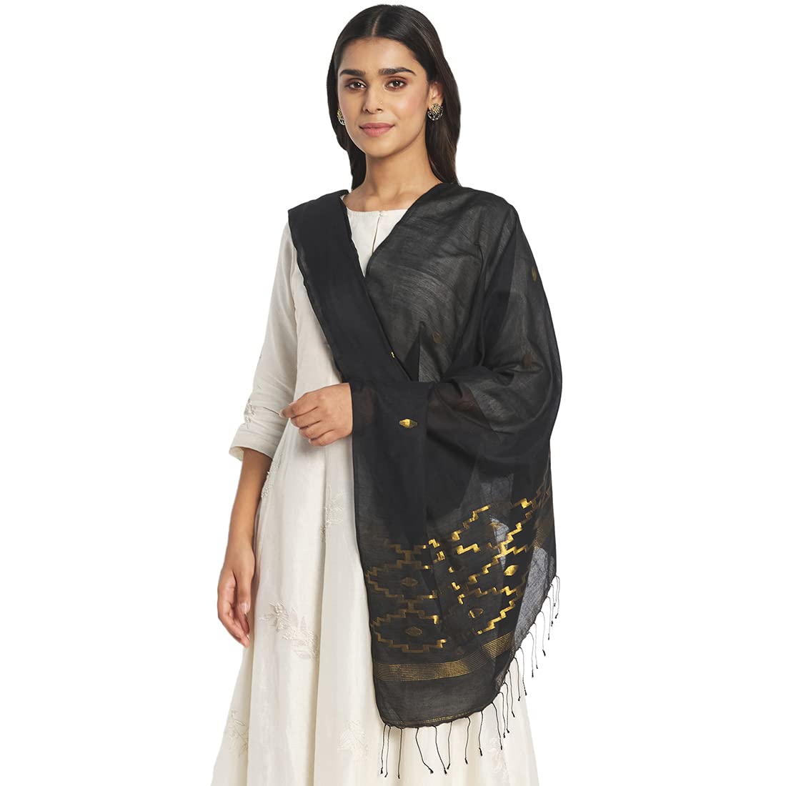 Fabindia Women Cotton Silk Geometric Dupatta Black_Freesize