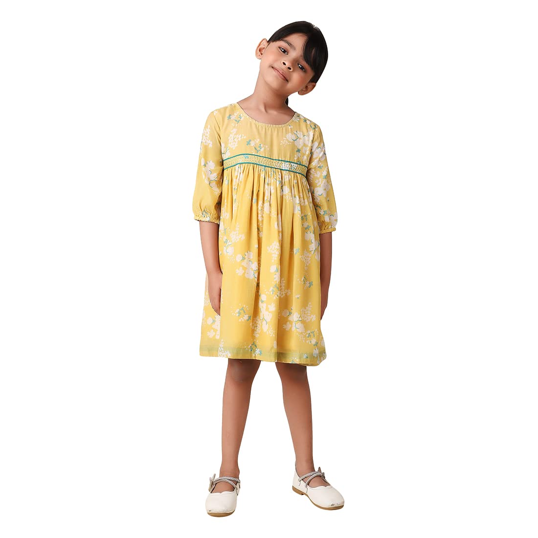 Fabindia GirlS Yellow Rayon Blend Printed Dress Knee-Length 102875201