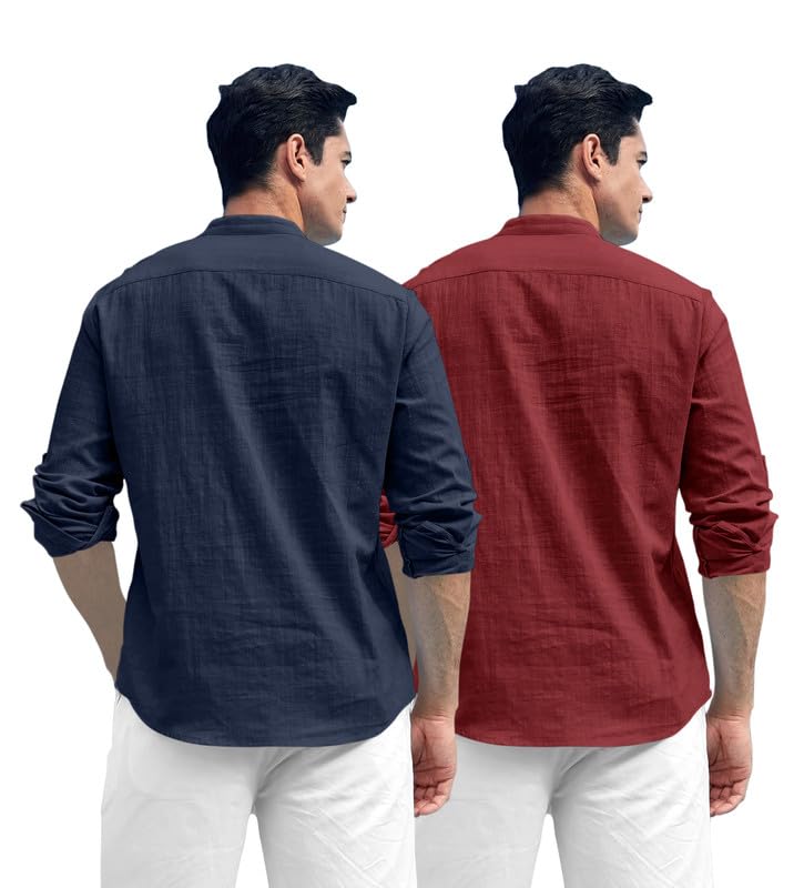 Royalscout Combo Of MenS Solid Cotton Blend Full Sleeve Straight Kurta Shirt (Pack Of 2) Navy-Maroon