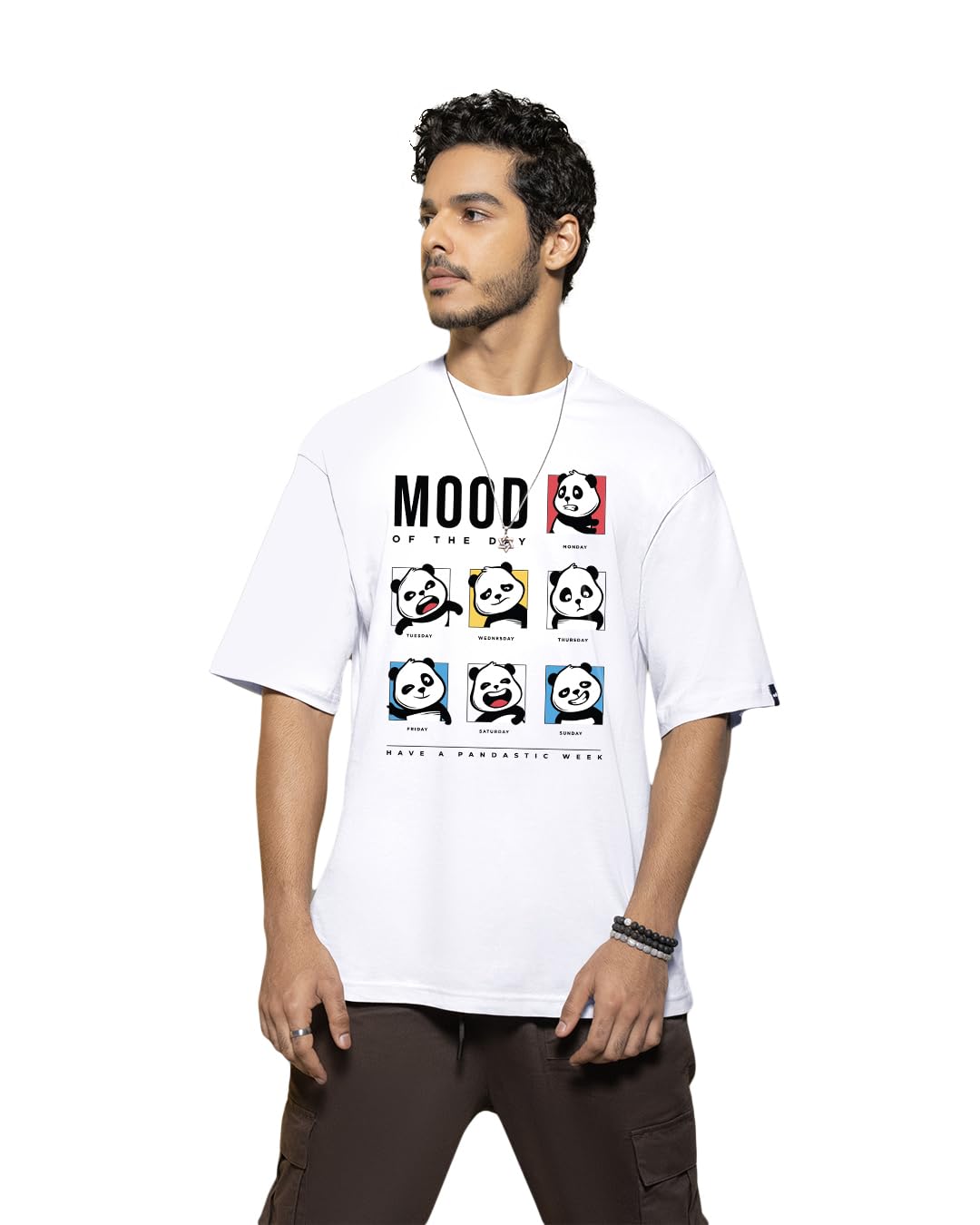 Bewakoof Mens Mood of The Day Panda Graphic Printed 100% Cotton T-Shirt - Oversized Fit, Round Neck, Half Sleeves White
