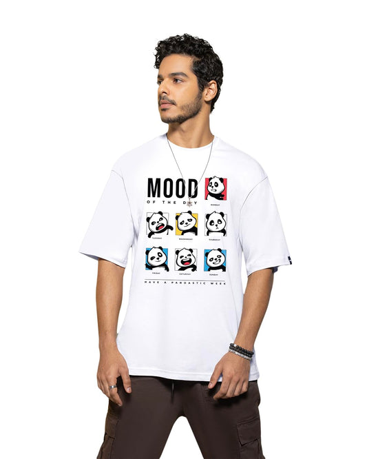 Bewakoof Mens Mood of The Day Panda Graphic Printed 100% Cotton T-Shirt - Oversized Fit, Round Neck, Half Sleeves White