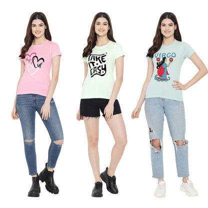 Preneum Womens Cotton Regular Fit Latest Graphic Stylish Printed Short Sleeves Casual T-Shirt || Latest Trending Style (Pack 3)