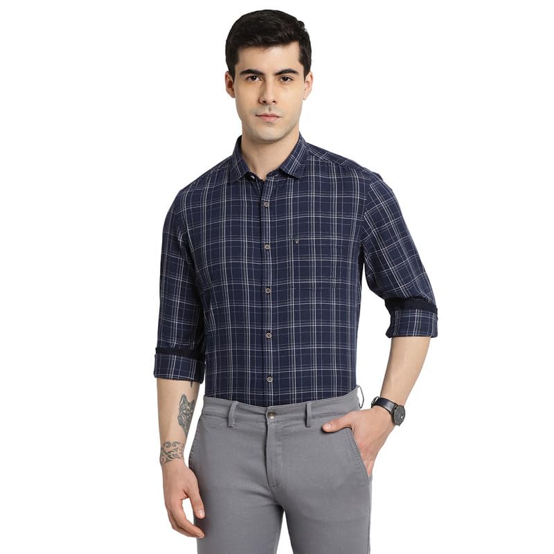 Turtle Men 100% Cotton Slim Fit Casual Check Regular Fitvy Shirt Navy